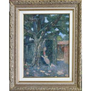 Emile BRUNET  "Femme sous un arbre" huile sur carton  44x34